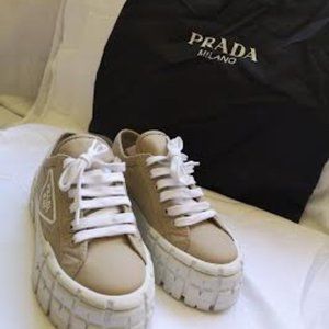 Prada: Double Wheel nylon gabardine sneakers; Colour: Desert Beige;  Size: 7